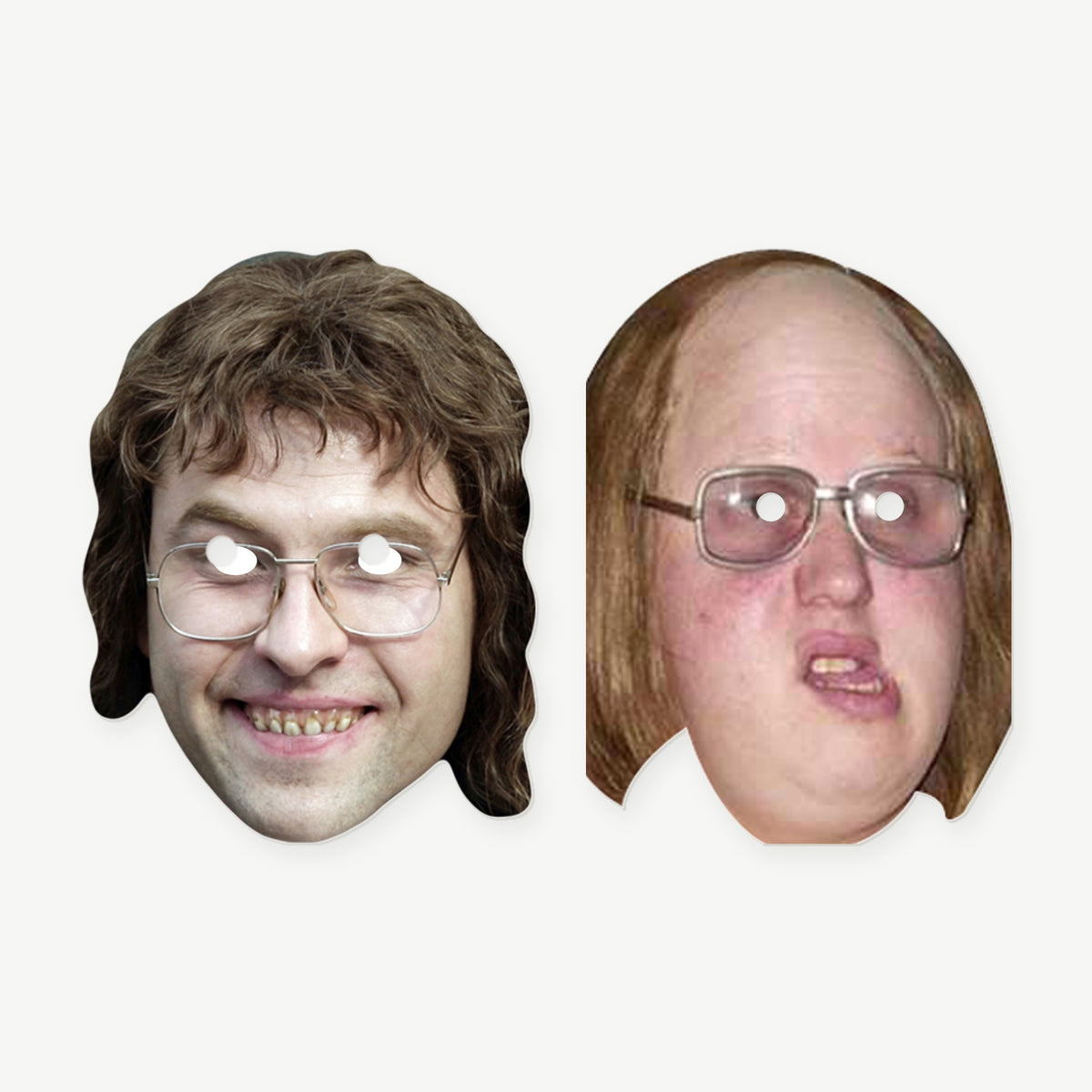 Lou and Andy face masks side by side, two printed card masks cut to shape with eye holes
