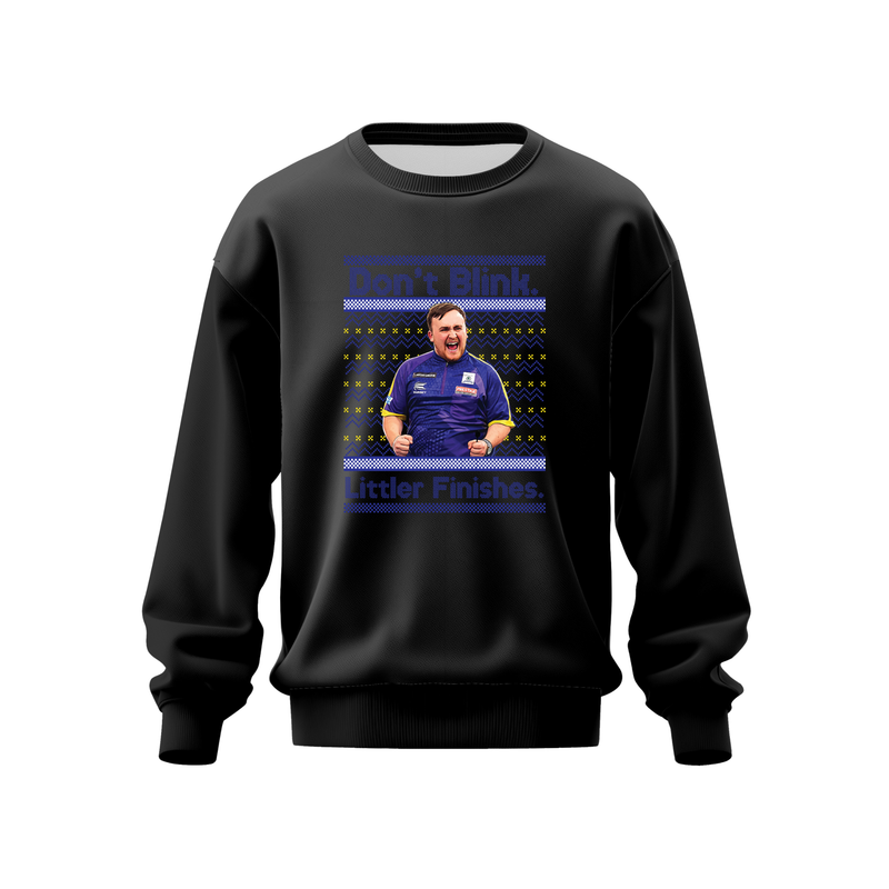 Luke Littler Jumper – "Don't Blink, Littler Finishes" Darts Fan Pullover Jumper – Unisex Graphic Sweatshirt – Luke Littler Jumper – Black, XS (34")