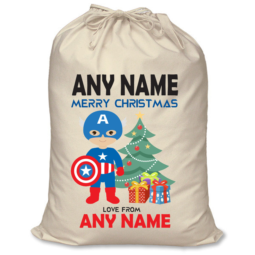 Captain America Inspired Personalised Santa Sack – XL Superhero Christmas Sack with Child’s Name – Captain America inspired personalised superhero Santa sack in cream cotton with a child's name