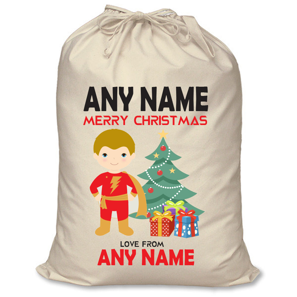 Captain Marvel Inspired Personalised Santa Sack – XL Superhero Christmas Sack with Child’s Name – Captain Marvel inspired personalised superhero Santa sack in cream cotton with a child's name