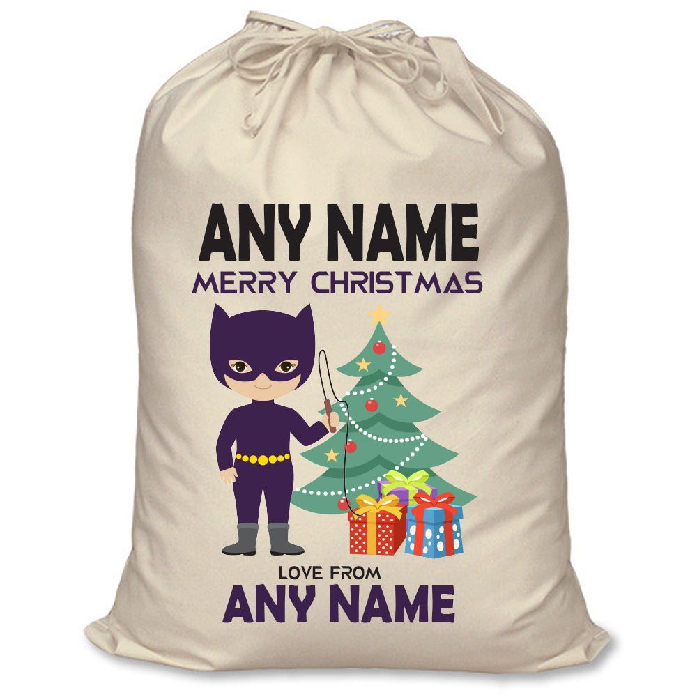 Catwoman Inspired Personalised Santa Sack – XL Superhero Christmas Sack with Child’s Name – Catwoman inspired personalised superhero Santa sack in cream cotton with a child's name
