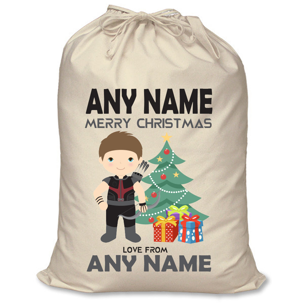 Hawkeye Inspired Personalised Santa Sack – XL Superhero Christmas Sack with Child’s Name – Hawkeye inspired personalised superhero Santa sack in cream cotton with a child's name