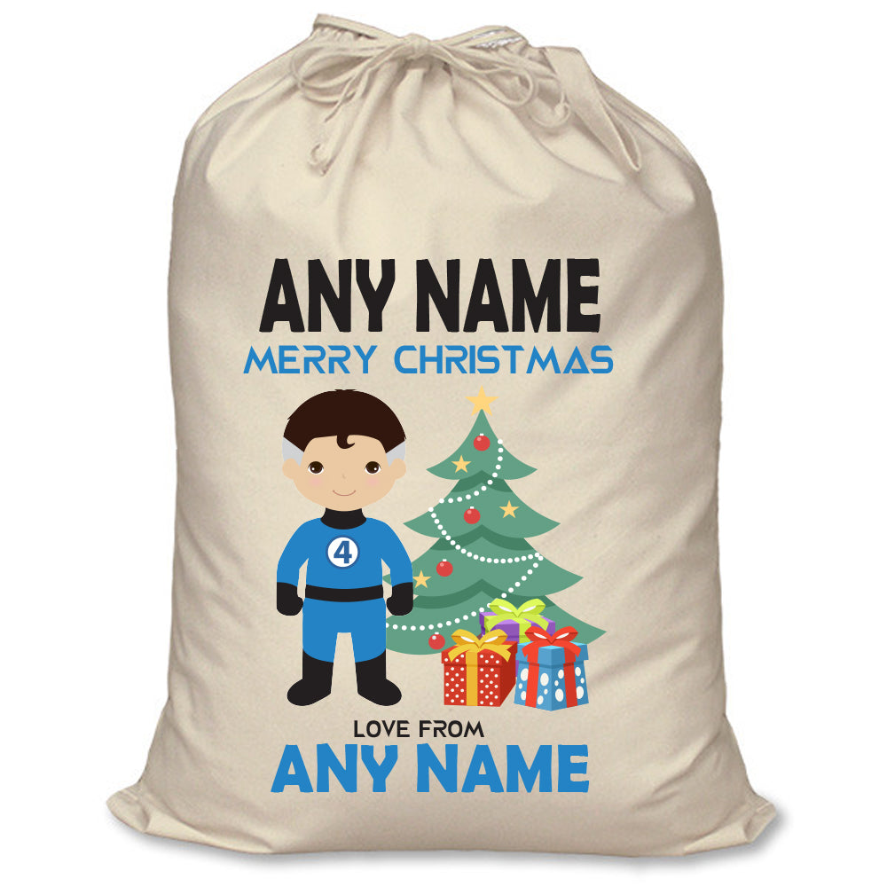 Mr Fantastic & Ms Fantastic Inspired Personalised Santa Sack – Large or XL Superhero Christmas Sack with Child’s Name – Mr Fantastic inspired personalised superhero Santa sack in cream cotton with a child's name