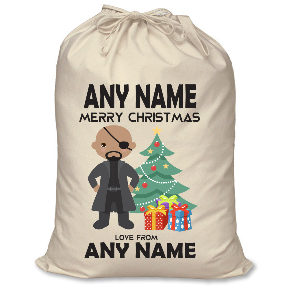 Nick Fury Inspired Personalised Santa Sack – XL Superhero Christmas Sack with Child’s Name – Nick Fury inspired personalised superhero Santa sack in cream cotton with a child's name