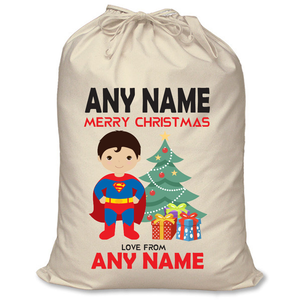 Superman & Supergirl Inspired Personalised Santa Sack – XL Superhero Christmas Sack with Child’s Name – Superman inspired personalised superhero Santa sack in cream cotton with a child's name