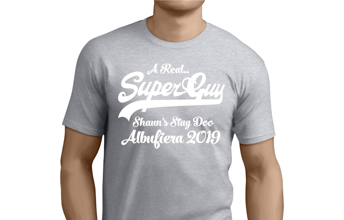 Personalised A Real Super Guy Stag T-Shirt – Super guy stag t-shirt printed in white on a sport grey tee