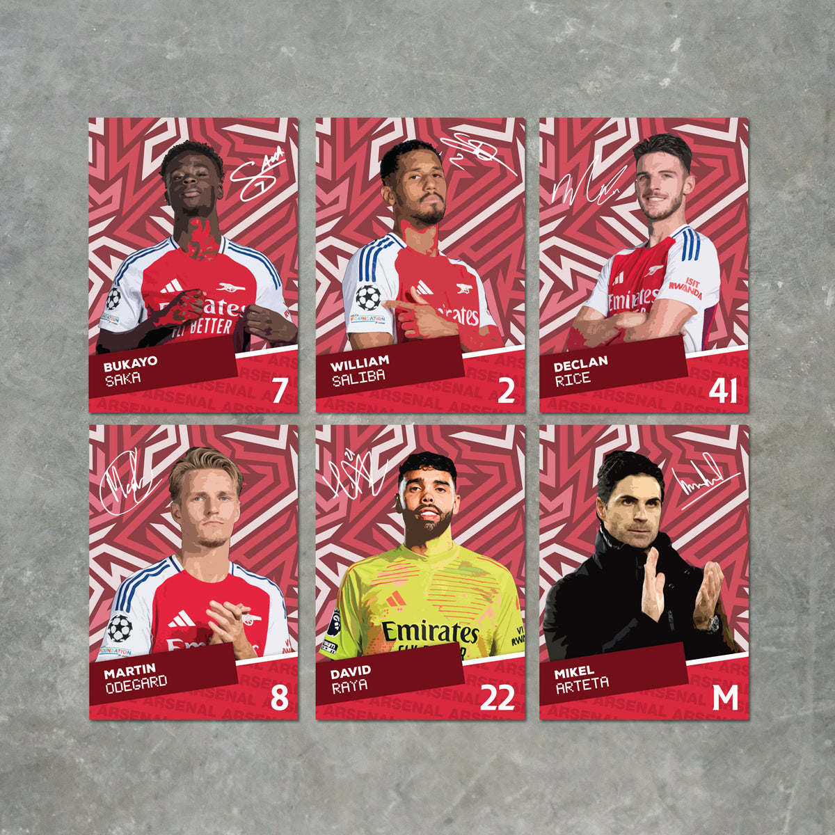 Arsenal Players Printed Signature A6 Poster Pack – 6 Poster Print Cards (Saka, Saliba, Rice, Odegard, Raya, Arteta) – Arsenal Players Printed Signature A6 Poster Pack