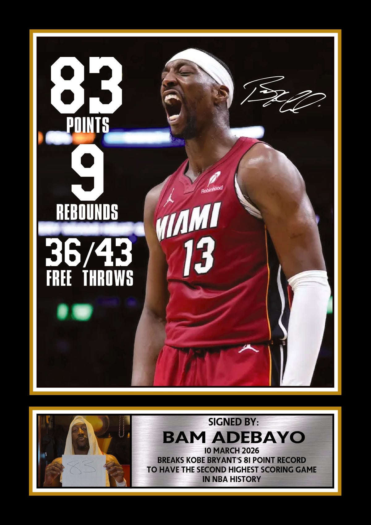 Bam Adebayo 83 Points Poster – Miami Basketball Star Printed Signature Wall Art – NBA Player Record Game Wall Art Poster – Bam Adebayo 83 Points Poster