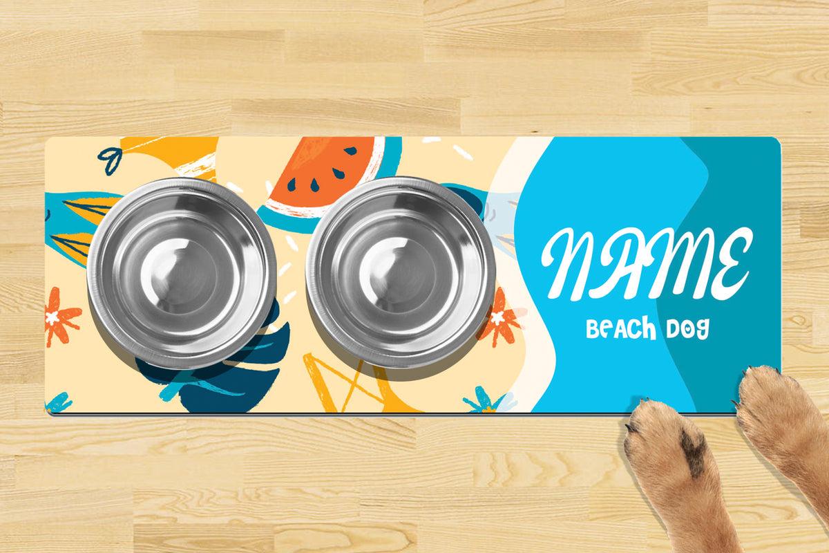 Personalised Dog Bowl Mat 880mm x 300mm2 Bowl Design - Beach Dog