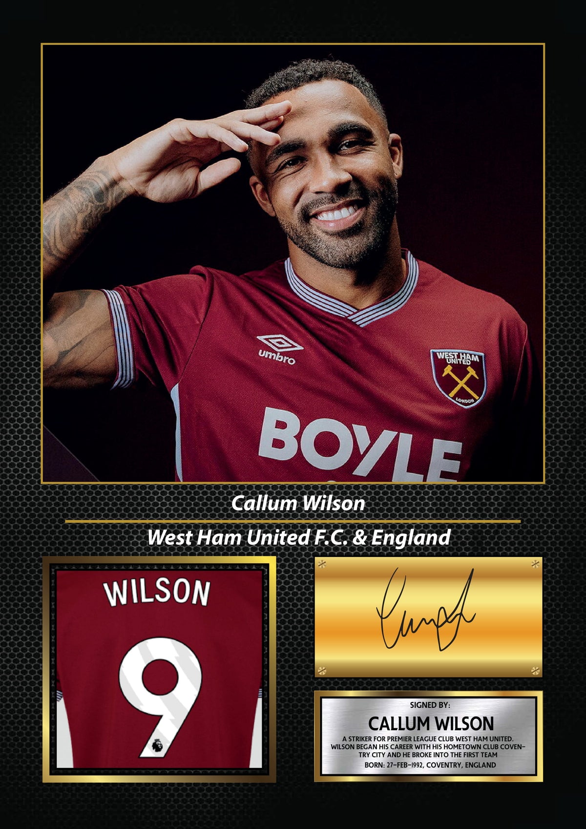 Callum Wilson Printed Signature Poster – West Ham United FC & England Striker Tribute Wall Art with Jersey & Bio Plaque – Callum Wilson Printed Signature Poster
