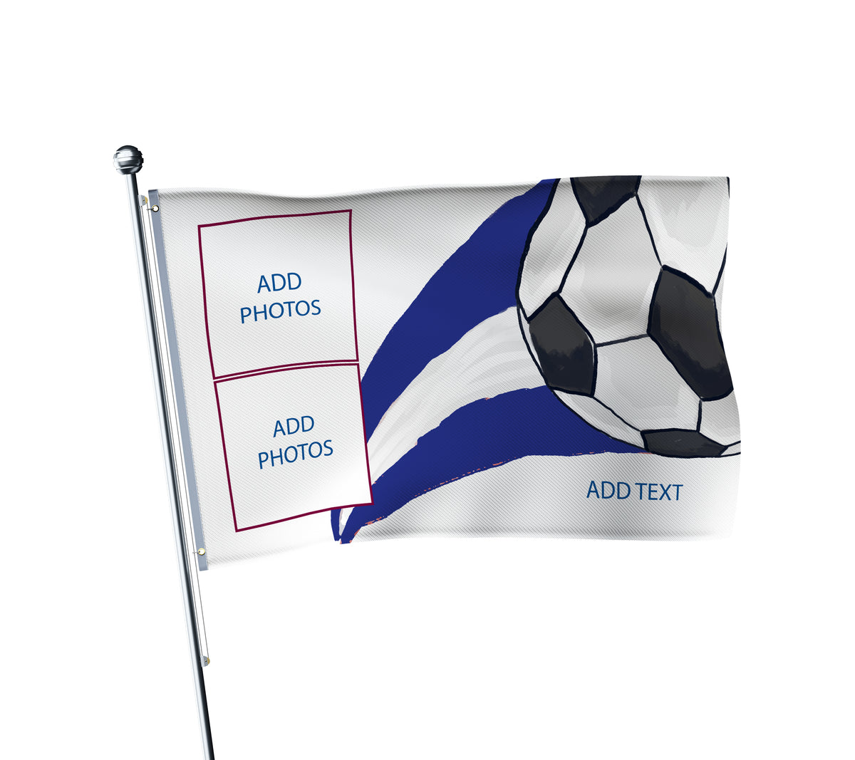 Personalised Chelsea football flag in blue and white, printed with custom wording