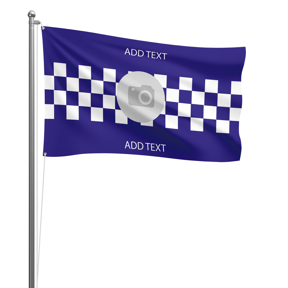 Personalised Chelsea football flag design 2 in blue and white, printed with custom wording