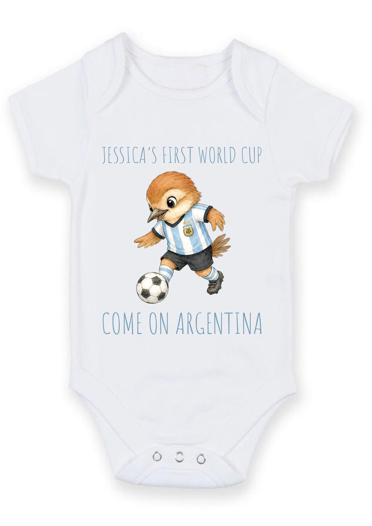 Personalized First World Cup Argentina Baby Grow – Custom Name Football Baby Bodysuit – Come On Argentina Bird Football Design – Personalized First World Cup Argentina Baby Grow