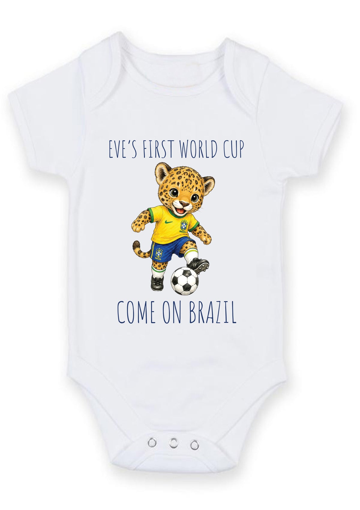 Personalized First World Cup Brazil Baby Grow – Custom Name Football Baby Bodysuit – Come On Brazil Leopard Football Design – Personalized First World Cup Brazil Baby Grow