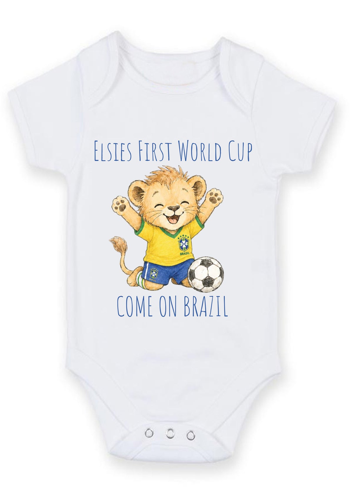 Personalized First World Cup Brazil Baby Grow – Custom Name Football Baby Bodysuit – Come On Brazil Lion Design – Brazil Supporter Infant Romper – Personalized First World Cup Brazil Baby Grow