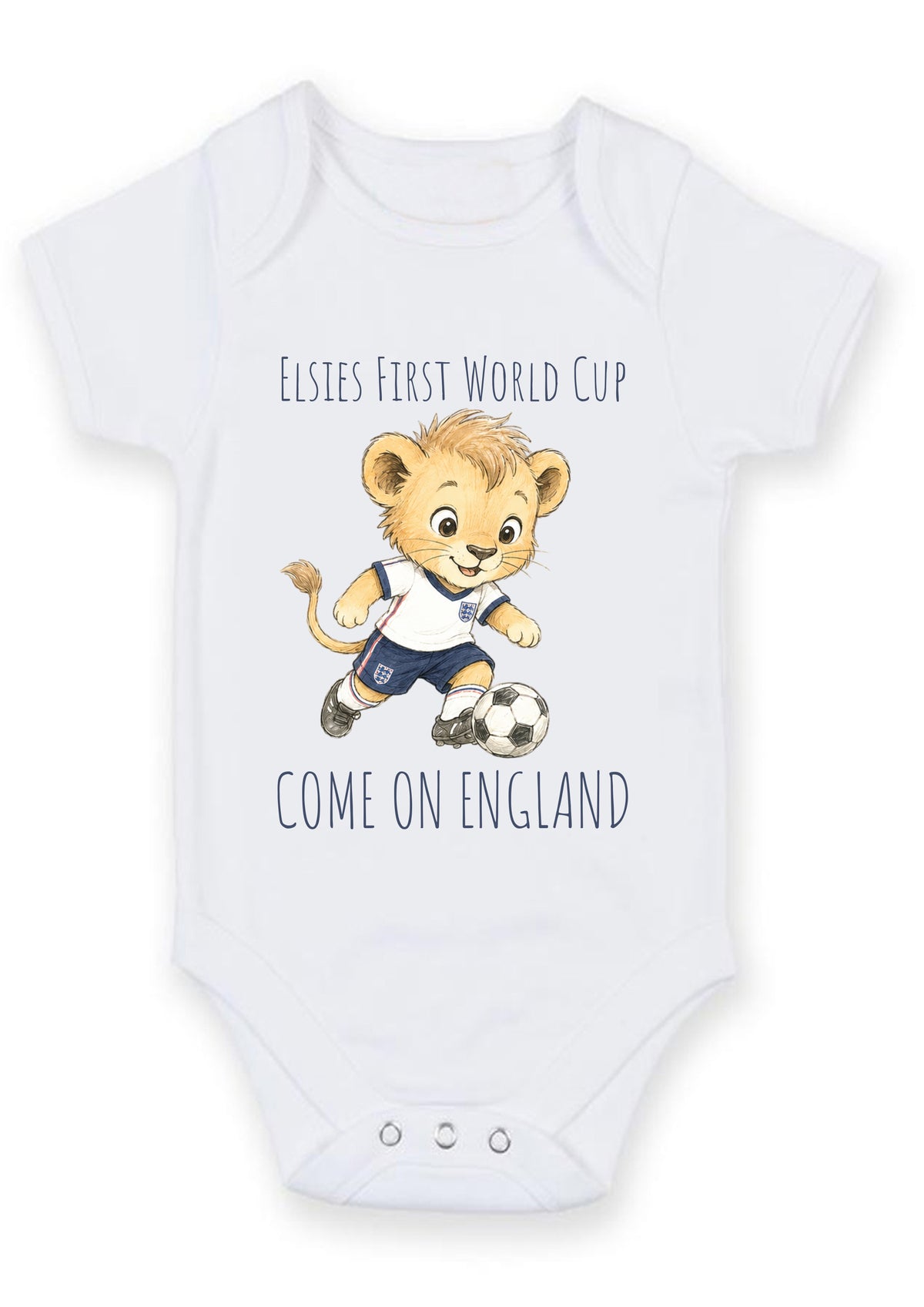 Personalized First World Cup England Baby Grow – Custom Name Football Baby Bodysuit – Come On England Lion Design – Personalized First World Cup England Baby Grow