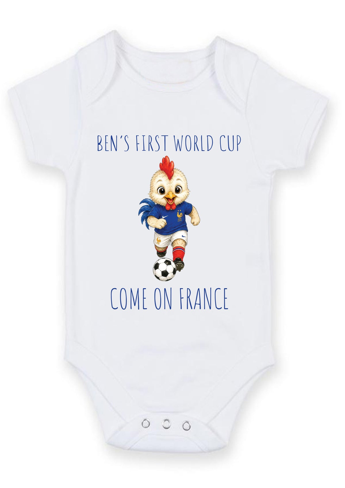 Personalized First World Cup France Baby Grow – Custom Name Football Baby Bodysuit – Come On France Rooster Design – Personalized First World Cup France Baby Grow