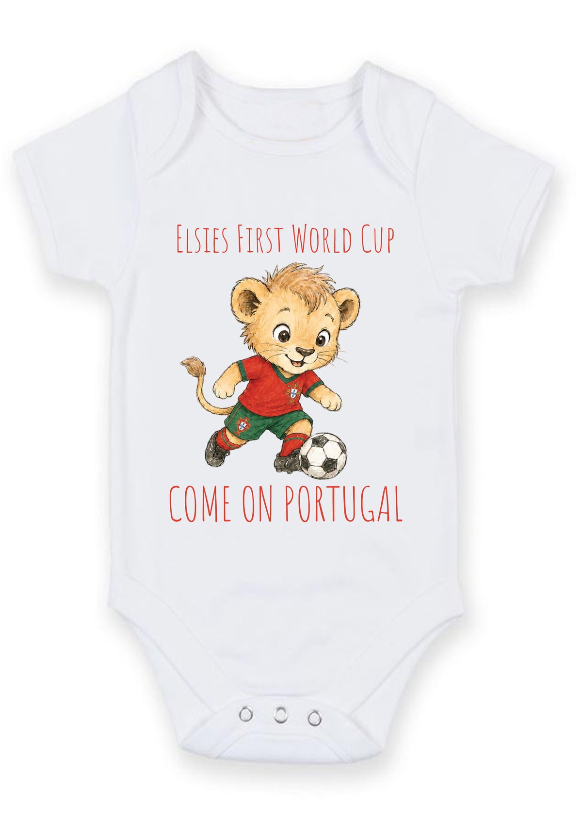 Personalized First World Cup Portugal Baby Grow – Custom Name Portugal Football Baby Bodysuit – Come On Portugal Lion Design – Personalized First World Cup Portugal Baby Grow