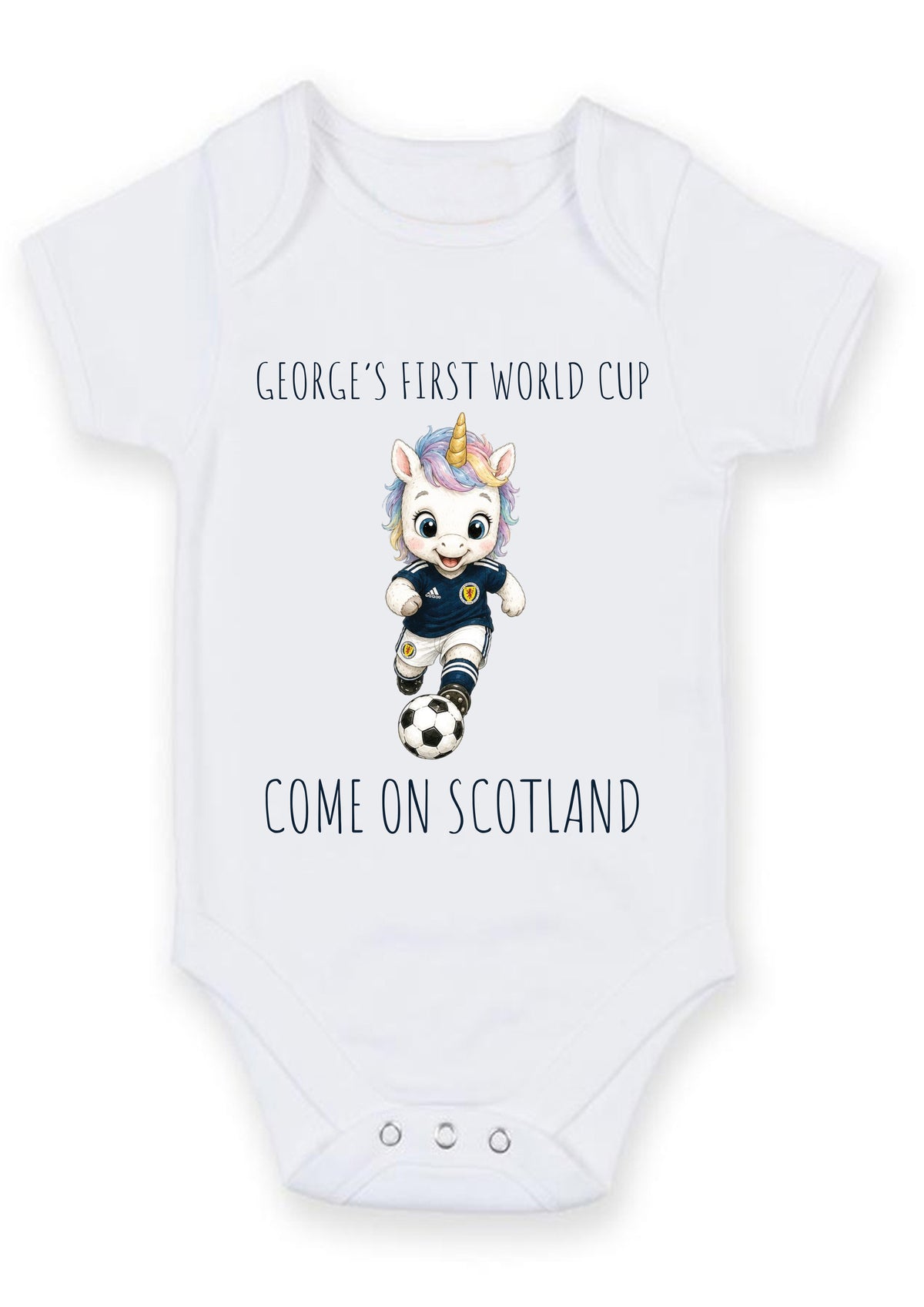 Personalized First World Cup Scotland Baby Grow – Custom Name Scotland Football Baby Bodysuit – Come On Scotland Unicorn Design – Personalized First World Cup Scotland Baby Grow