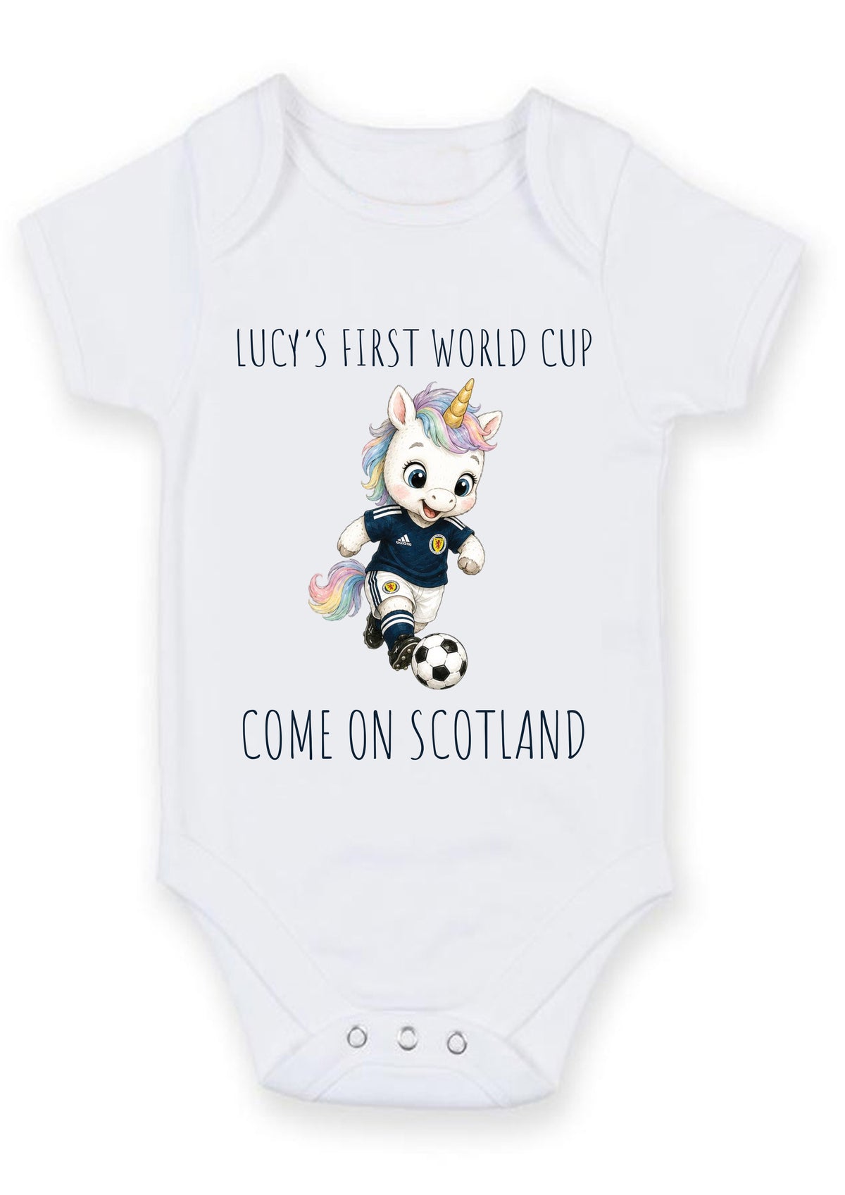 Personalized First World Cup Scotland Baby Grow – Custom Name Scotland Football Baby Bodysuit – Come On Scotland Unicorn Design – Personalized First World Cup Scotland Baby Grow