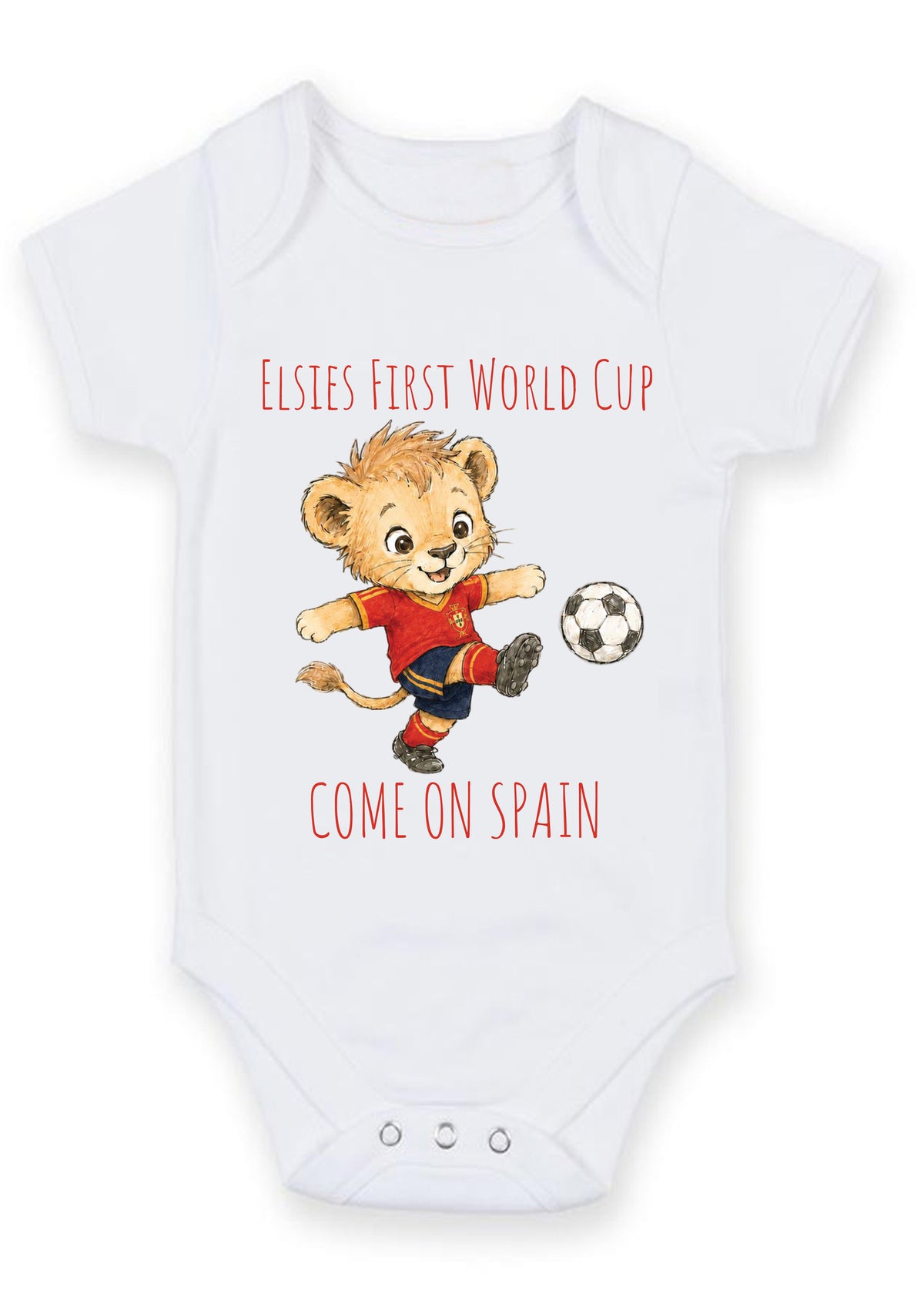 Personalized First World Cup Spain Baby Grow – Custom Name Spain Football Baby Bodysuit – Come On Spain Lion Design – Spanish Soccer Fan Baby Romper – Personalized First World Cup Spain Baby Grow