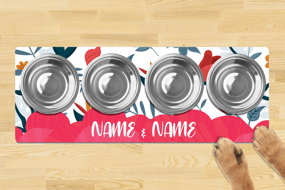 Personalised Dog Bowl Mat 880mm x 300mm4 Bowl Design - FLOWERS