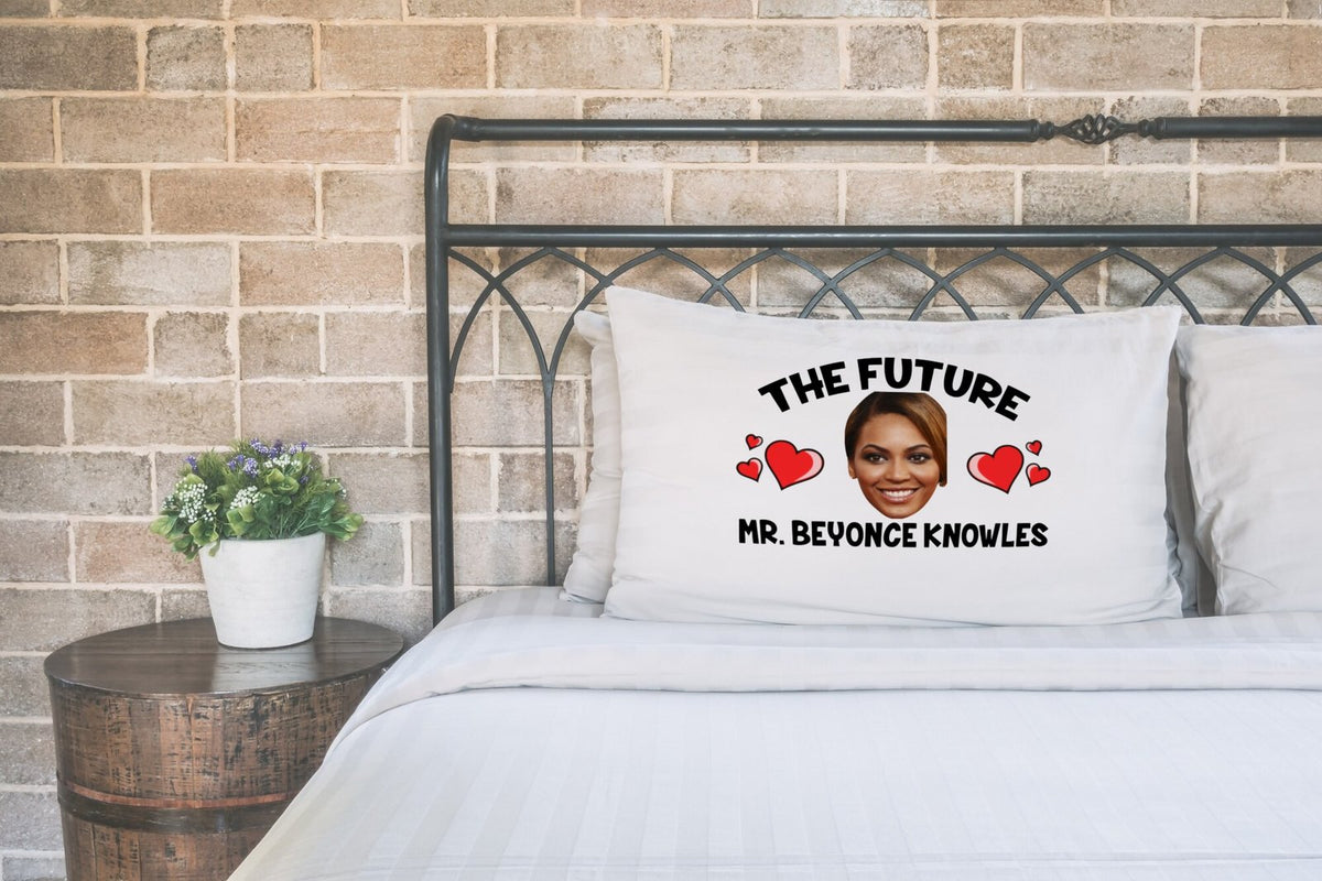 Future Mr Beyoncé Knowles Pillow Case – Novelty Celebrity Pillowcase Gift for Superfans – Future Mr Beyonce Knowles pillow case printed on a white pillow on a made bed