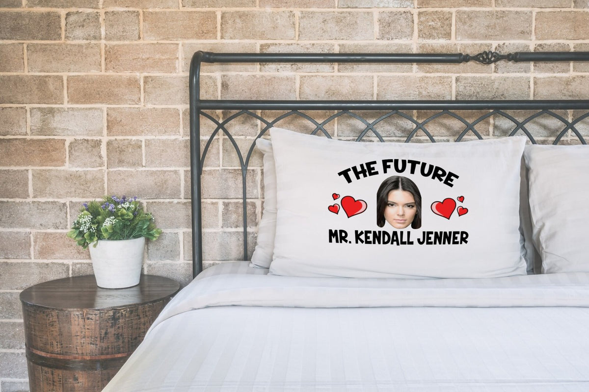 Future Mr Kendall Jenner Pillow Case – Novelty Celebrity Pillowcase Gift for Superfans – Future Mr Kendall Jenner pillow case printed on a white pillow on a made bed