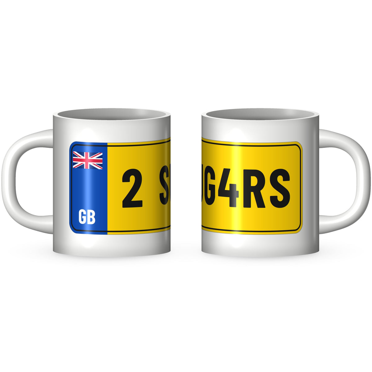 Funny Number Plate Mug – 2 SUG4RS (Two Sugars) – Builder’s Tea Gift – 11oz Ceramic – Funny Number Plate Mug – two views of the 2 SUG4RS two sugars mug: the GB band end and the far end of the yellow number
