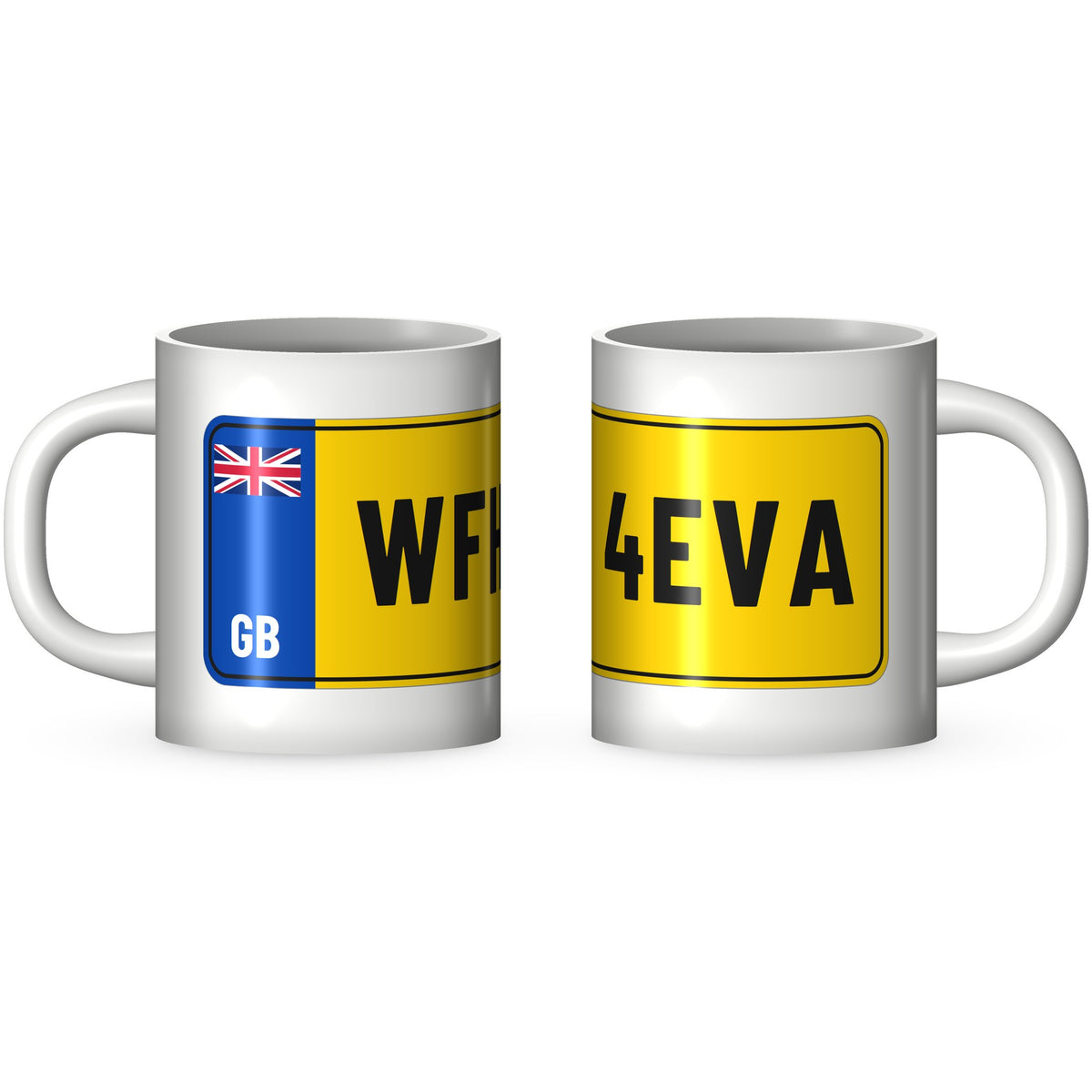 Two views of the WFH 4EVA work from home mug: the GB band end and the far end of the yellow number plate printed round a white 11oz ceramic mug