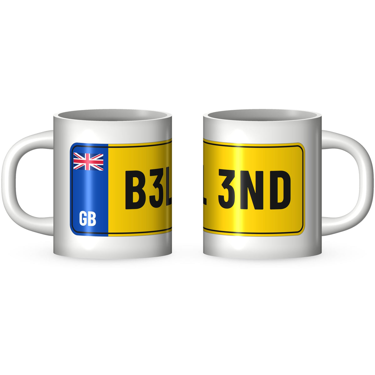 Two views of the B3LL 3ND rude number plate mug: the GB band end and the far end of the yellow plate printed round a white 11oz ceramic mug