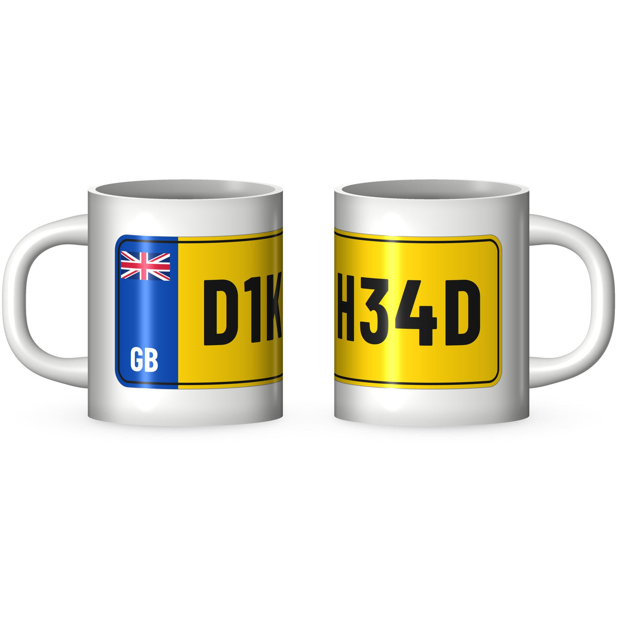 Two views of the D1K H34D rude number plate mug: the GB band end and the far end of the yellow plate printed round a white 11oz ceramic mug