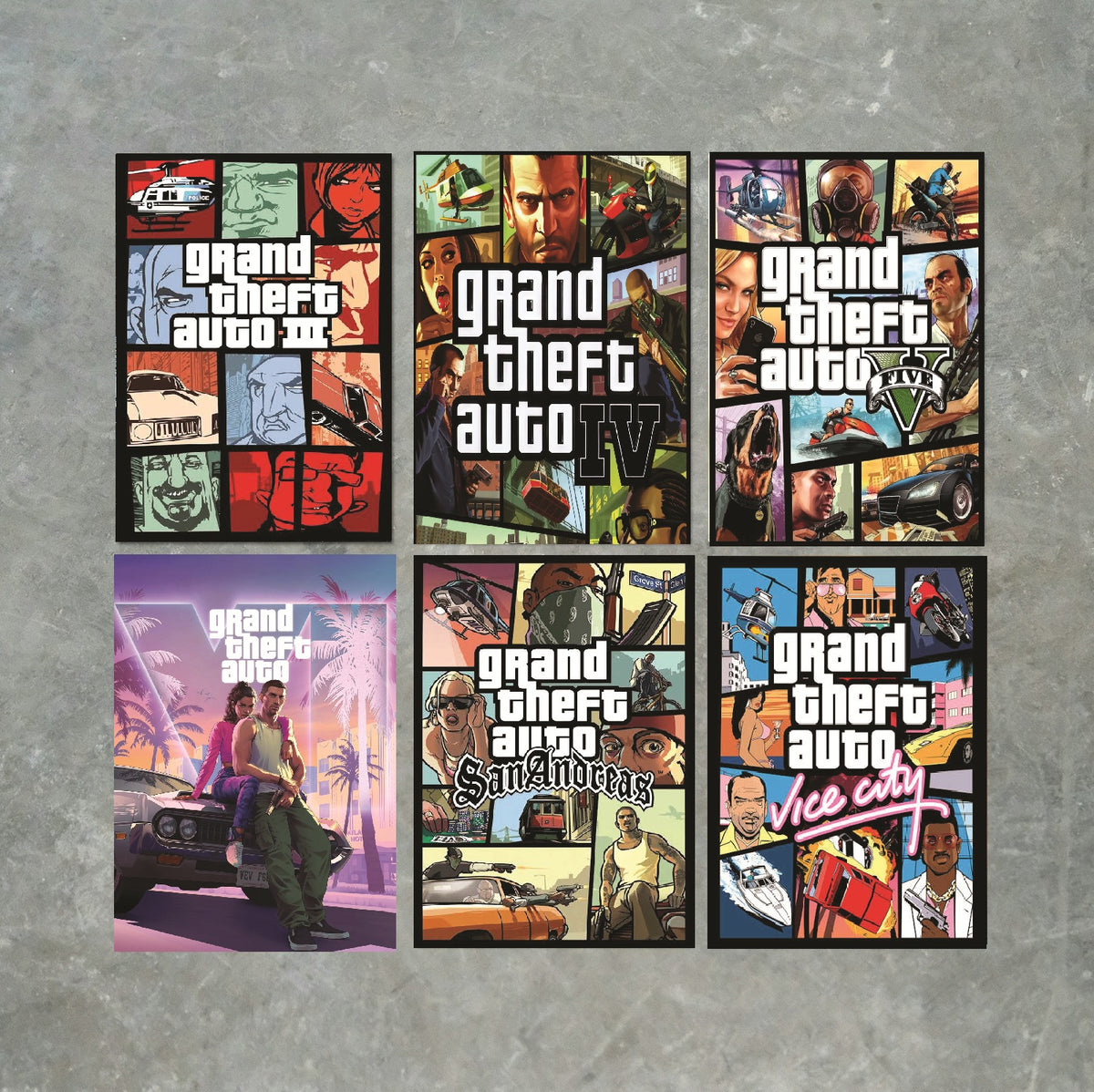 Grand Theft Auto Poster Set of 6 – GTA III, Vice City, San Andreas, GTA IV, GTA V & GTA VI Inspired Gaming Wall Art Prints – Gamer Room Decor – Grand Theft Auto Poster Set of 6 – A6 Poster