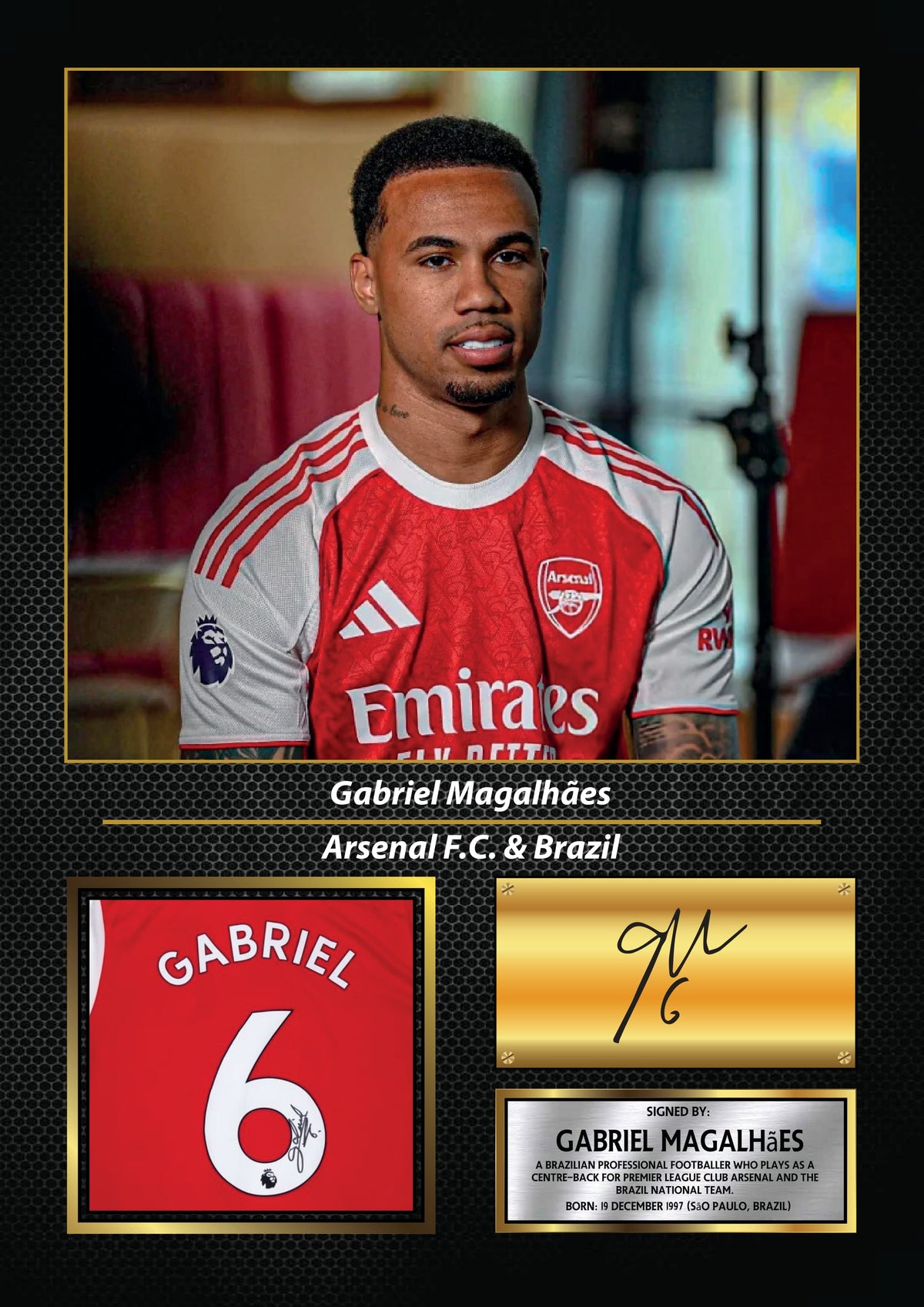 Gabriel Magalhães Printed Signature Football Wall Art – Framed Display with Arsenal & Brazil Tribute – Collector’s Gift – Gabriel Magalhães Printed Signature Football Wall Art