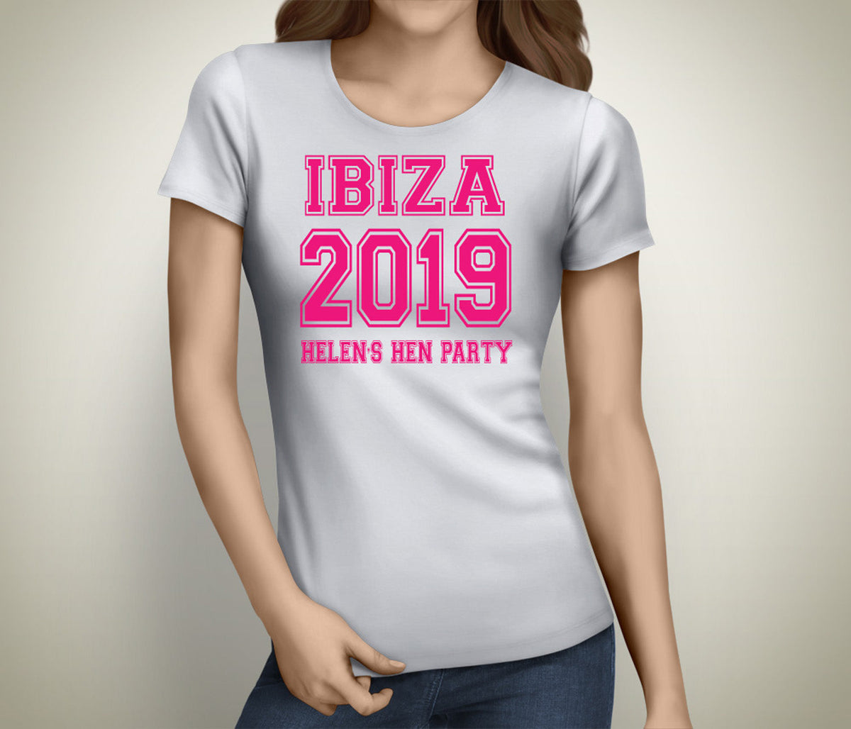 Personalised Ibiza Hen Party T-Shirt – Any Name – Ibiza hen party t-shirt printed in full colour on a white tee