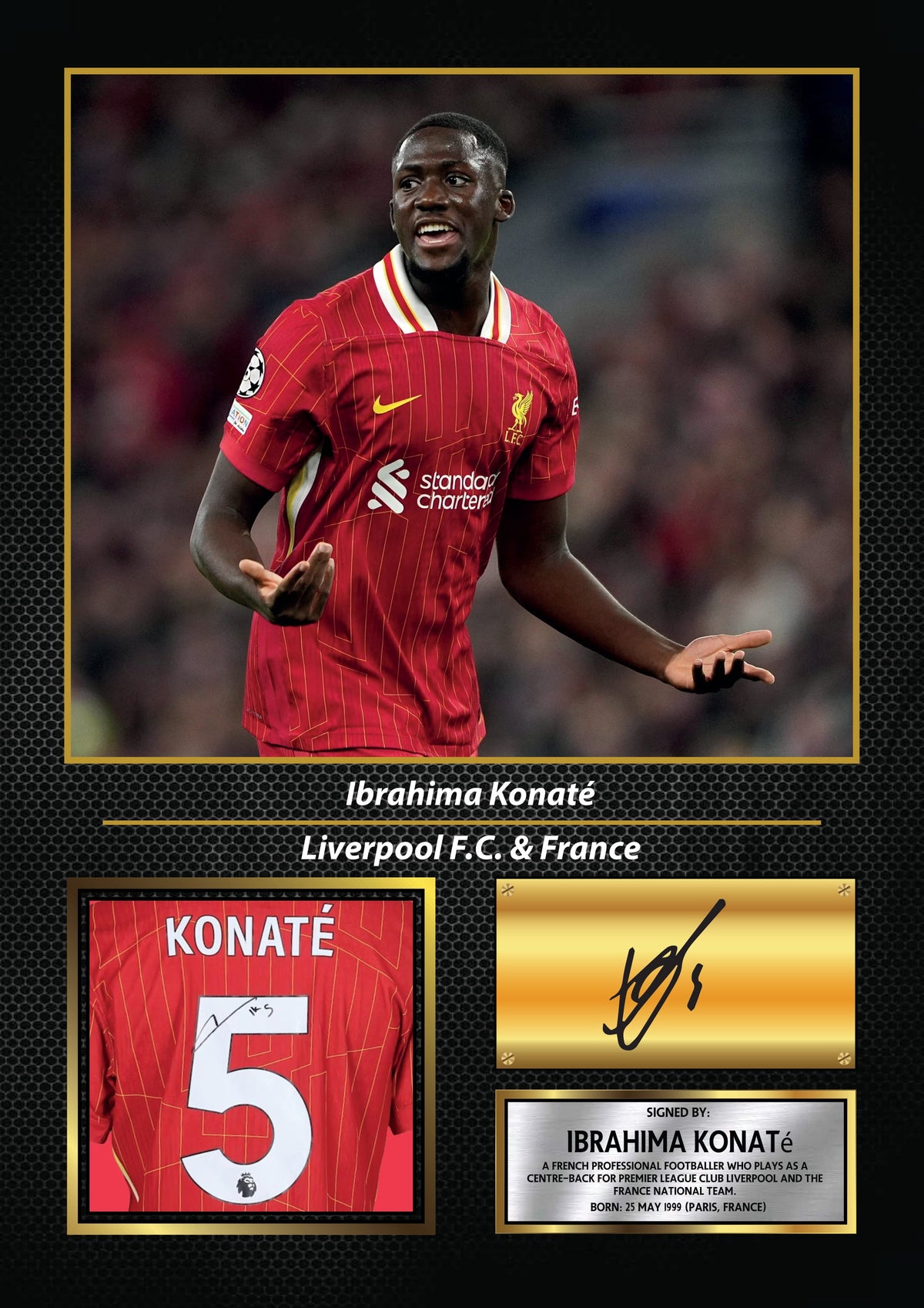 Ibrahima Konaté Printed Signature Football Wall Art – Framed Display with Liverpool & France Tribute – Collector’s Gift – Ibrahima Konaté Printed Signature Football Wall Art