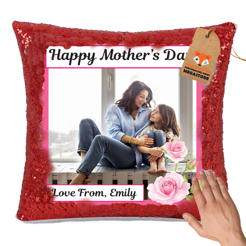 Personalised Mothers DAY Sublimated Sequin Cushion With Insert ANY Photo With – CLASSIC RED