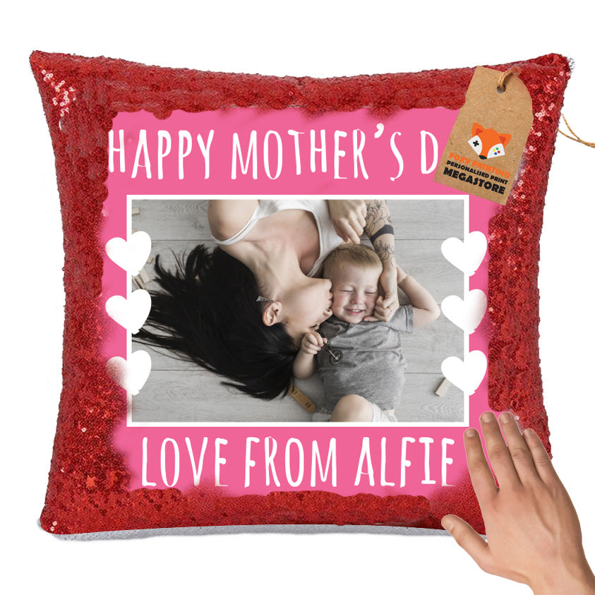 Personalised Mothers DAY Sublimated Sequin Cushion With Insert ANY Photo With – CLASSIC RED