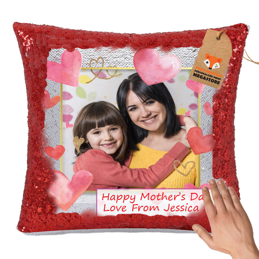 Personalised Mothers DAY Sublimated Sequin Cushion With Insert ANY Photo With – CLASSIC RED