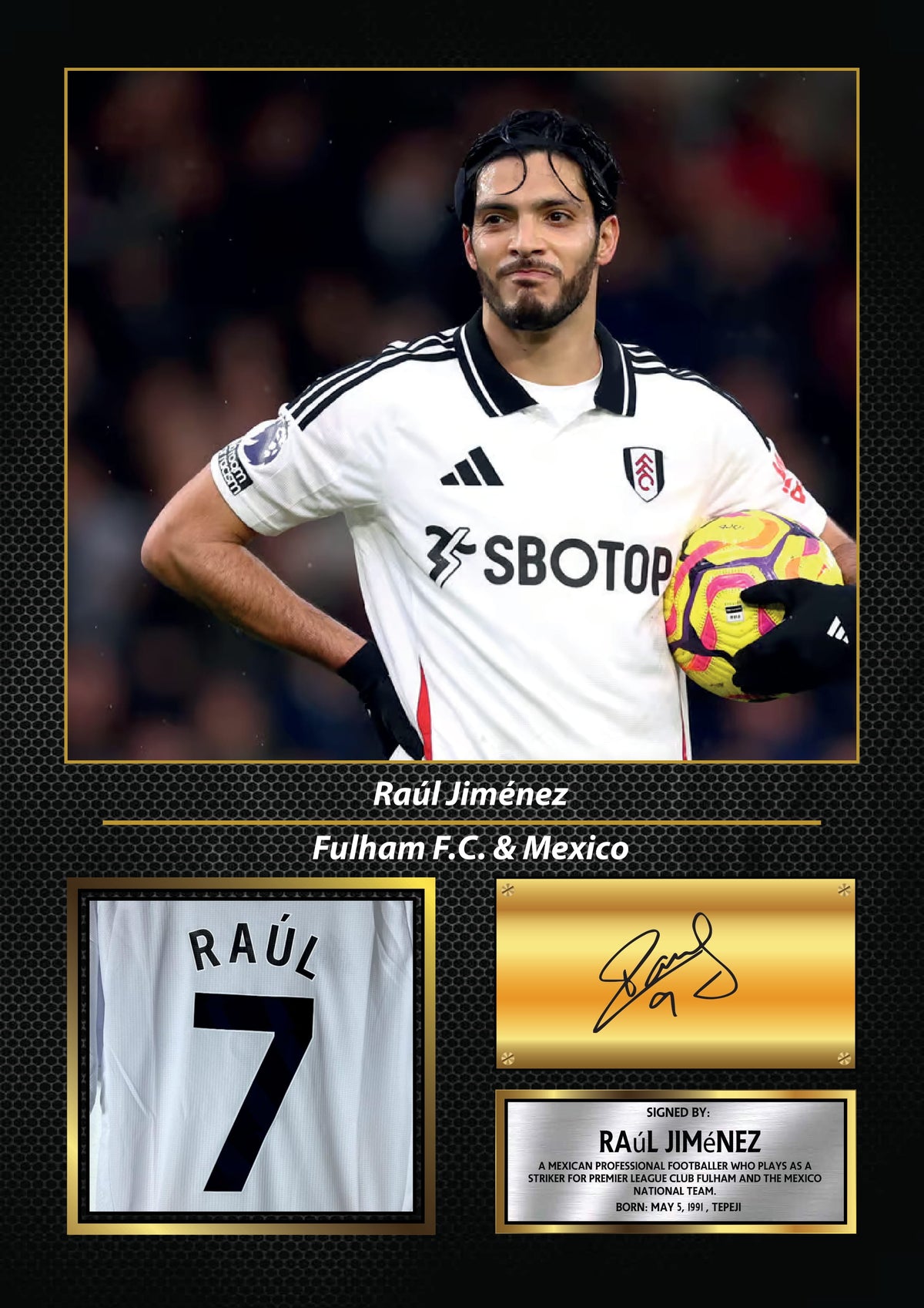 Raúl Jiménez Printed Signature Poster – Fulham FC & Mexico Midfielder Tribute Wall Art with Jersey & Bio Plaque – Raúl Jiménez Printed Signature Poster