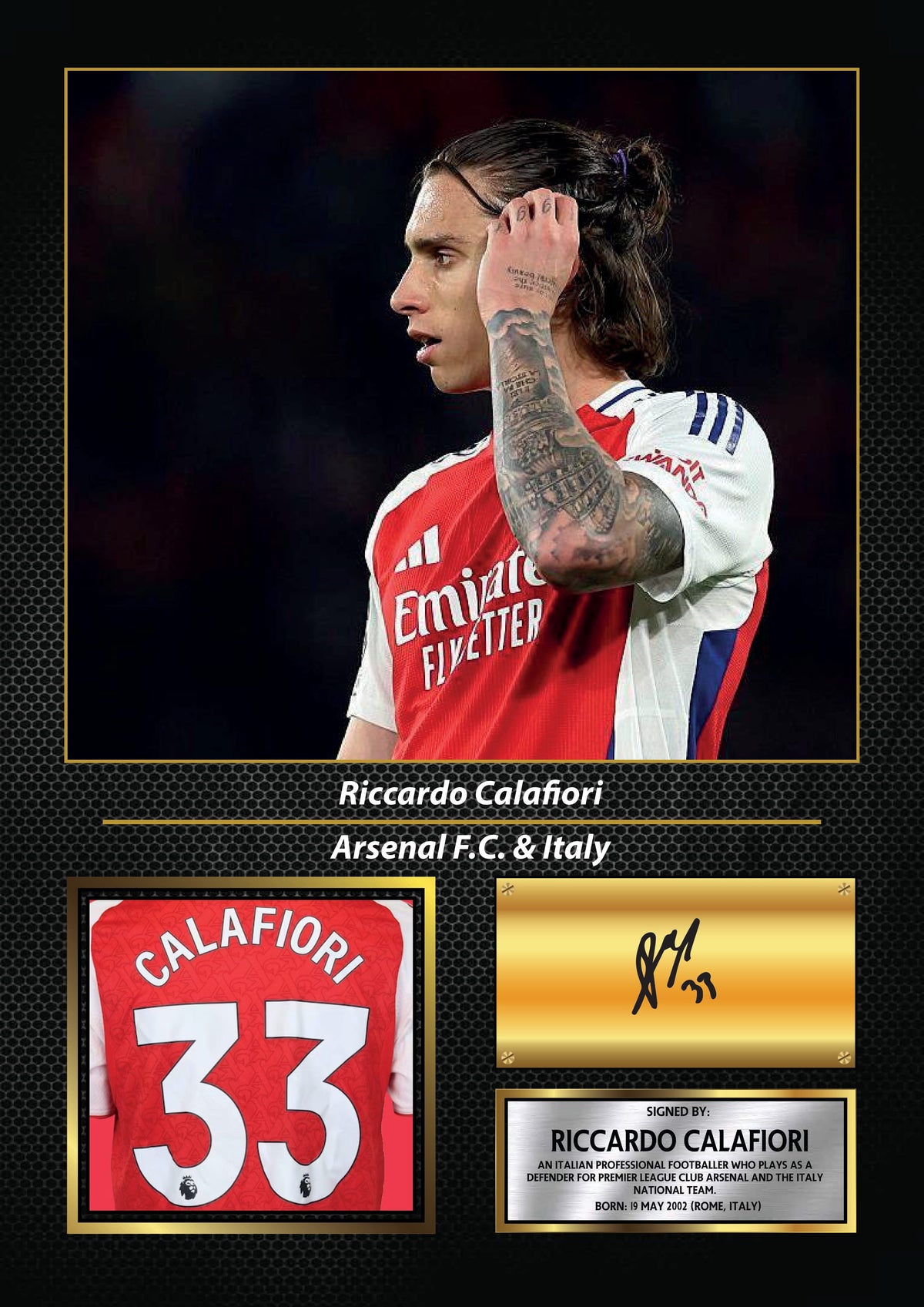 Riccardo Calafiori Printed Signature Football Wall Art – Framed Display with Arsenal & Italy Tribute – Collector’s Gift – Riccardo Calafiori Printed Signature Football Wall Art