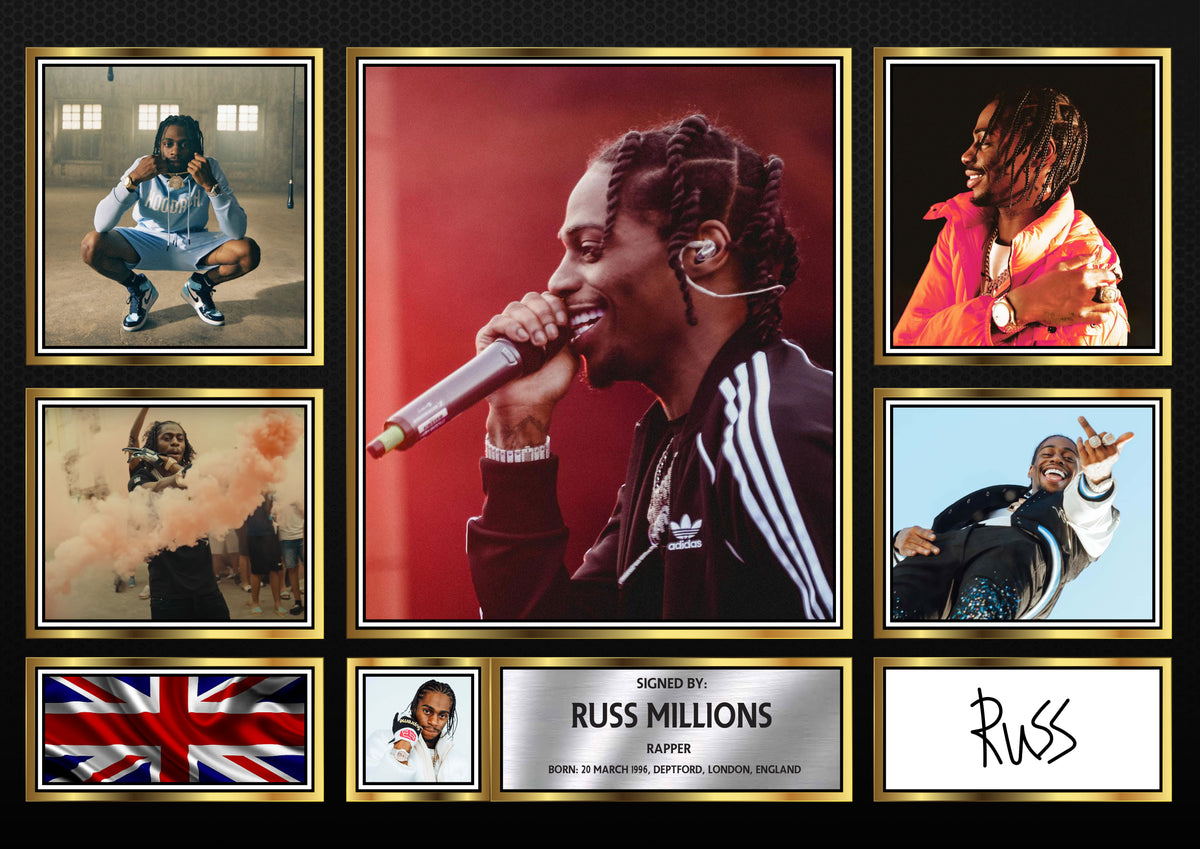 Rappers Russ Millions Framed Printed Signature Print – Fan Gift – Wall Art – Rappers Russ Millions Framed Printed Signature Print – A4 Poster