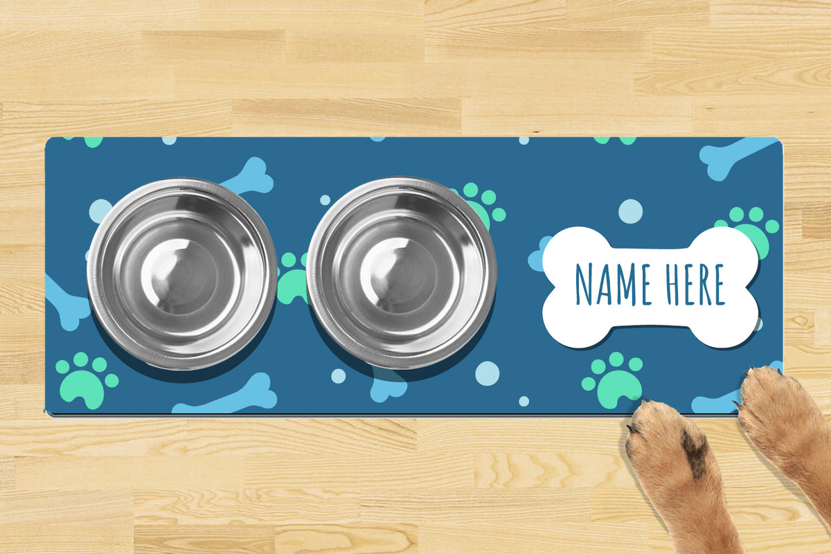 Personalised Dog Bowl Mat 880mm x 300mm2 Bowl Design - Simple Blue Bone