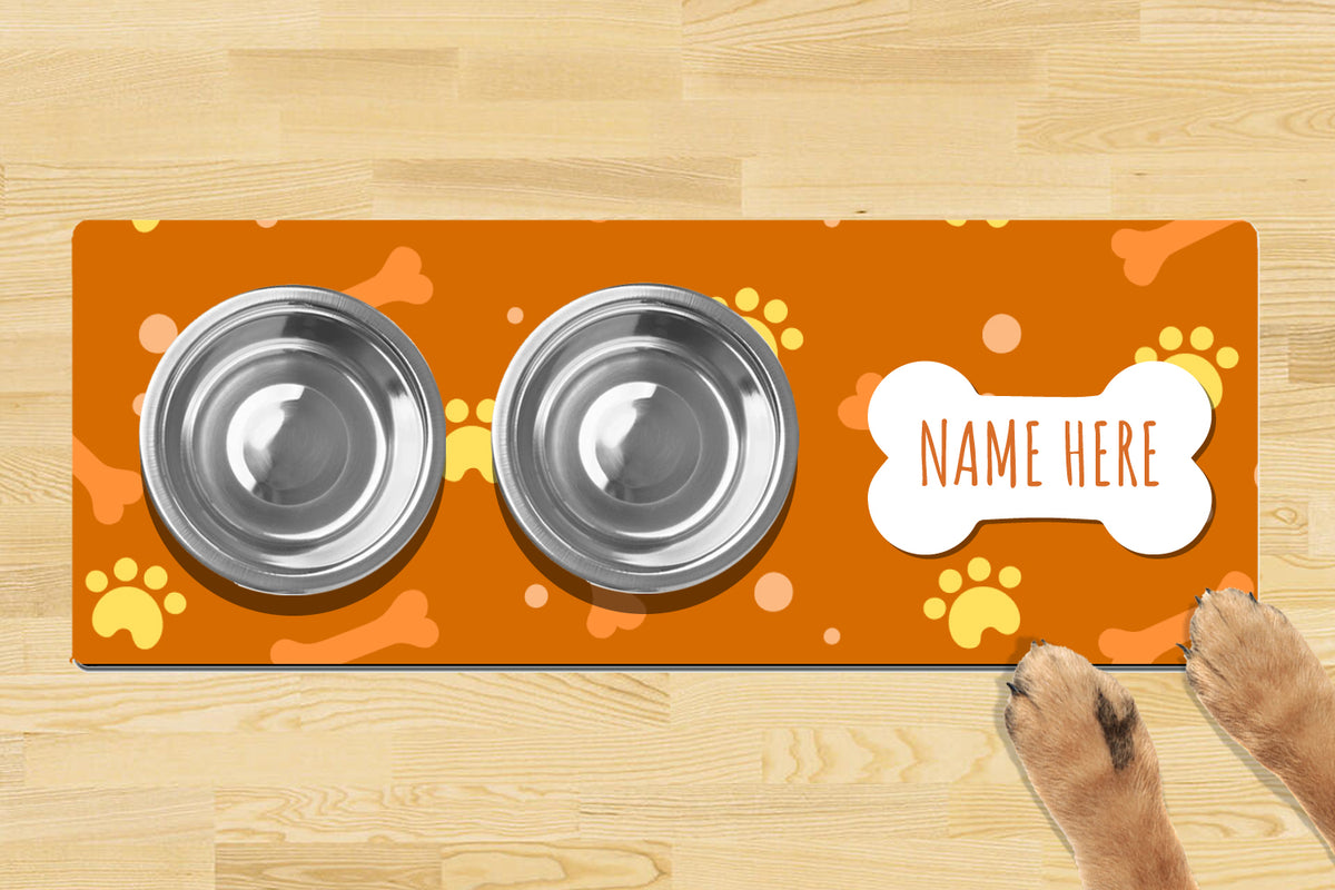 Personalised Dog Bowl Mat 880mm x 300mm2 Bowl Design - Simple Orange Bone