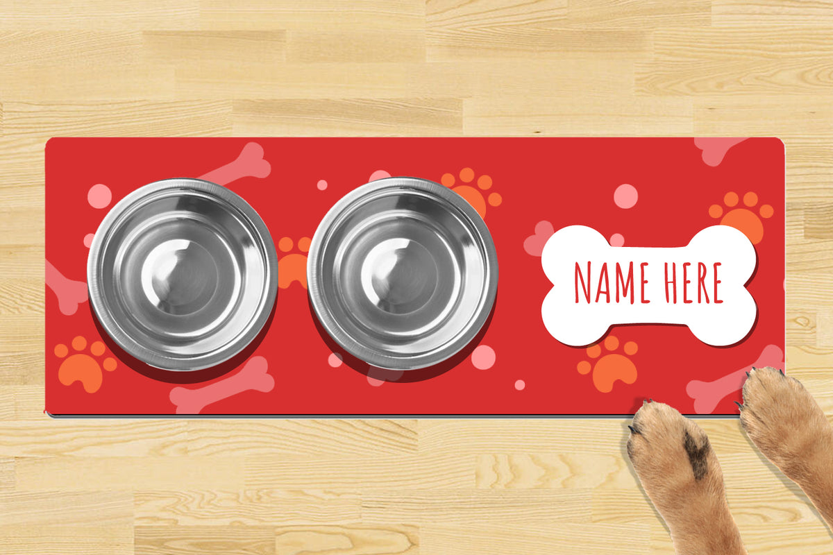 Personalised Dog Bowl Mat 880mm x 300mm2 Bowl Design - Simple Red Bone
