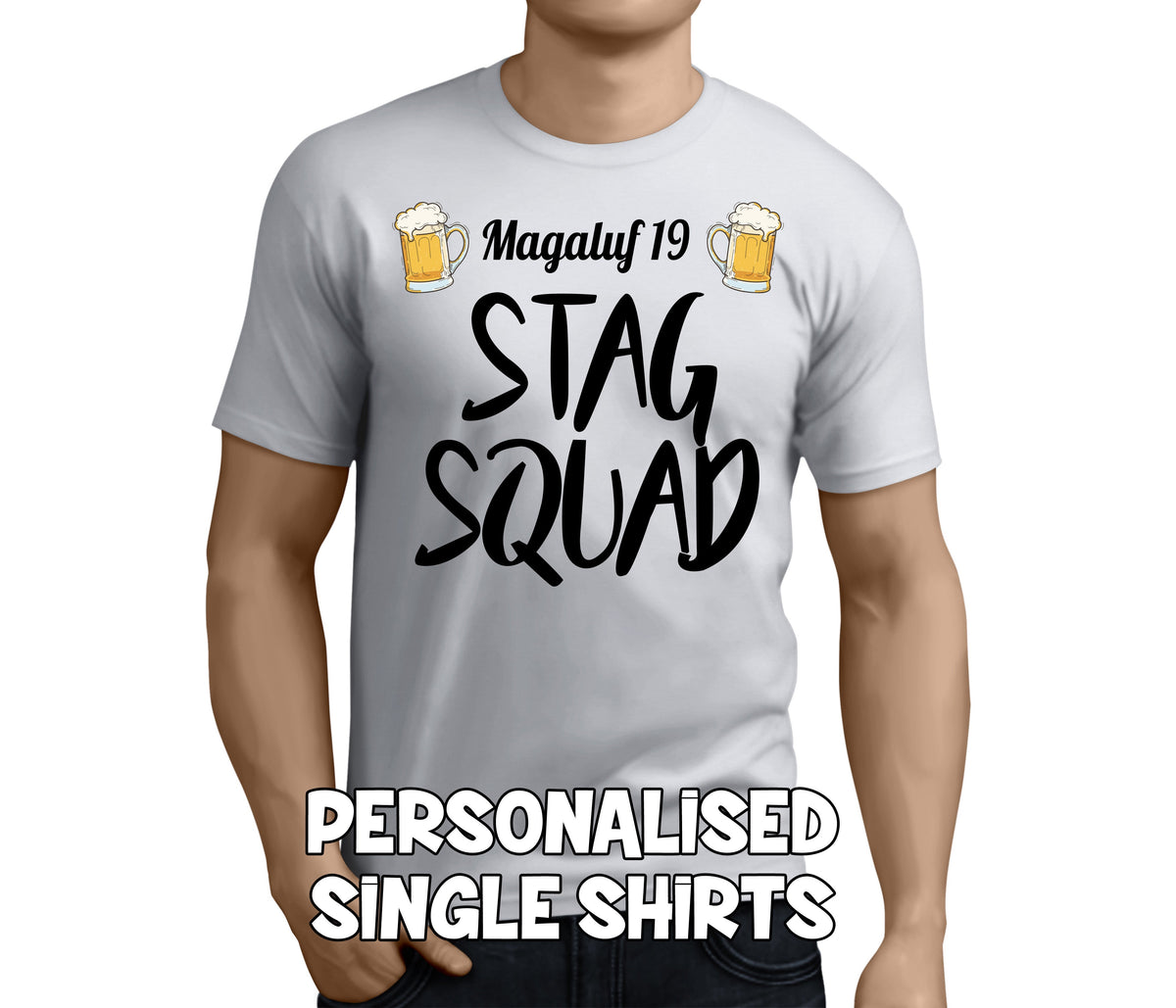 Personalised Stag Squad T-Shirt – Group Stag Do Tee – Stag squad t-shirt printed in black on a white tee