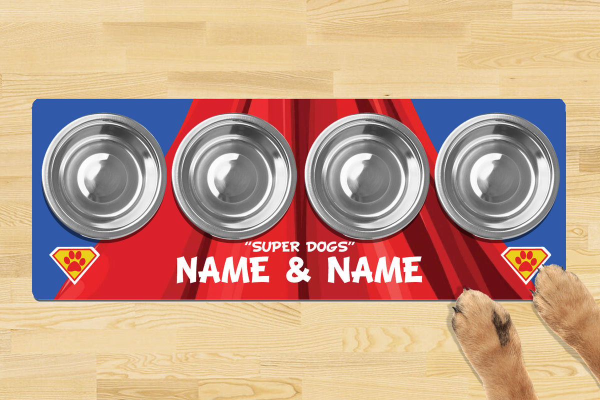 Personalised Dog Bowl Mat 880mm X 300mm4 Bowl Design - Super Dogs