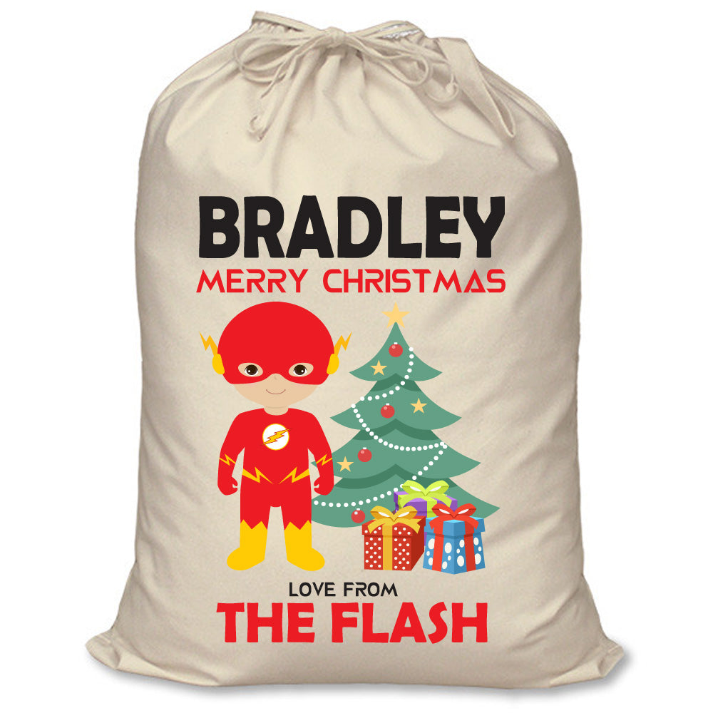 The Flash Inspired Personalised Santa Sack – XL Superhero Christmas Sack with Child’s Name – The Flash inspired personalised superhero Santa sack in cream cotton with a child's name