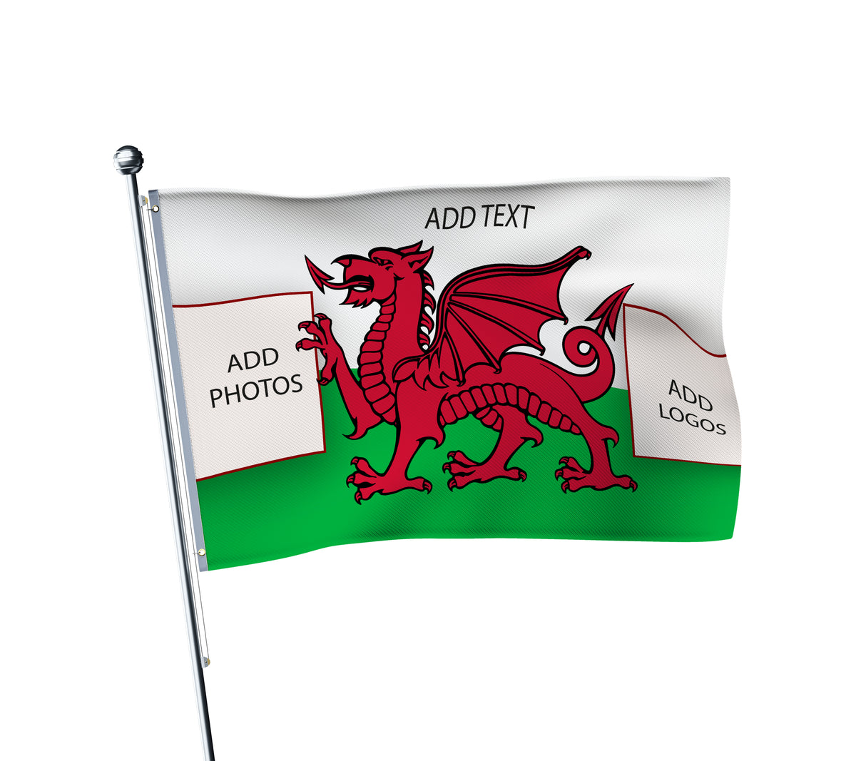 Personalised Wales terrace flag: Welsh dragon football fan flag, printed with custom wording