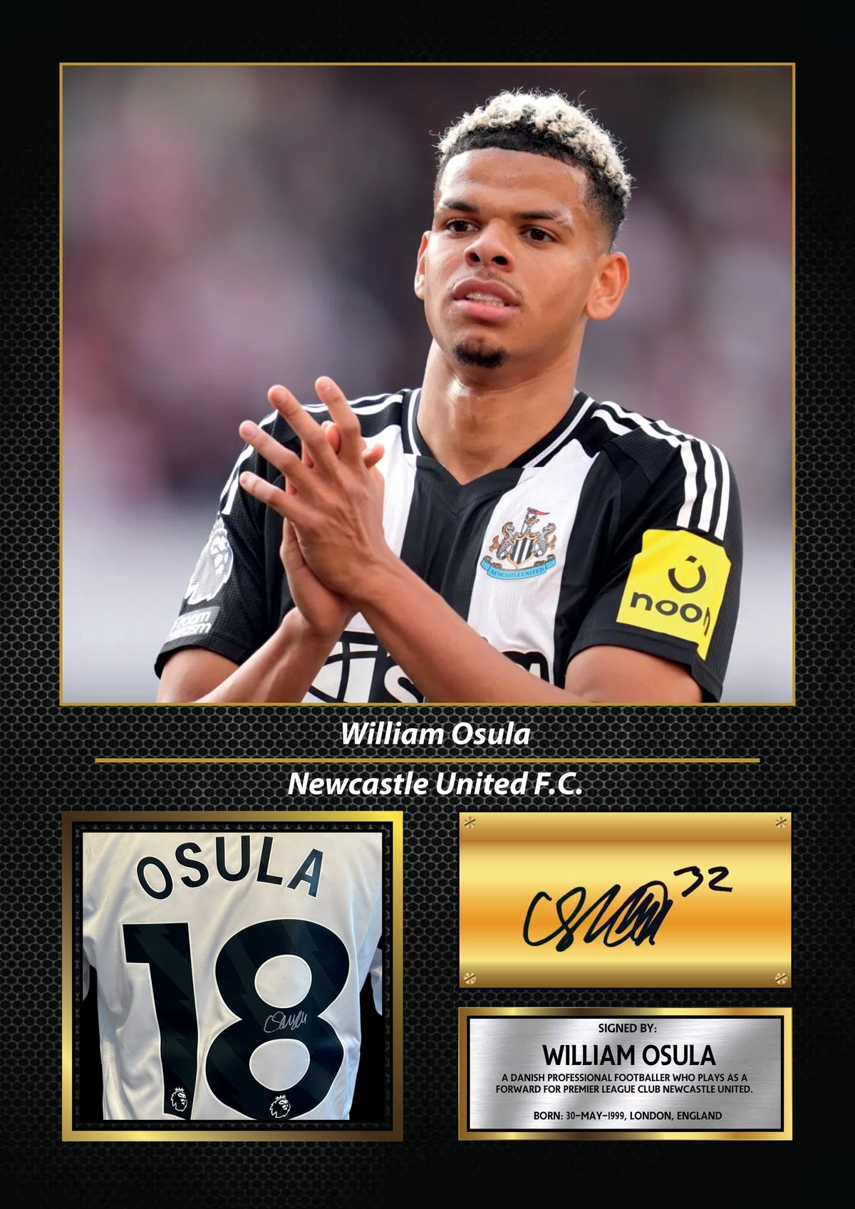 William Osula Printed Signature Poster – Newcastle United FC Striker Tribute Wall Art with Jersey & Bio Plaque – William Osula Printed Signature Poster